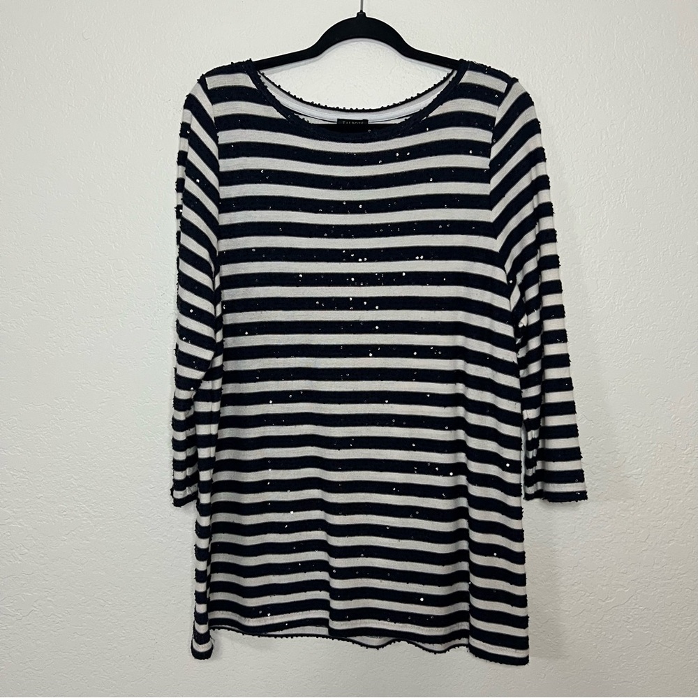 Talbots Women’s Size 1X‎ 3/4 Sleeve Navy Blue & White Sequined Striped Sweater